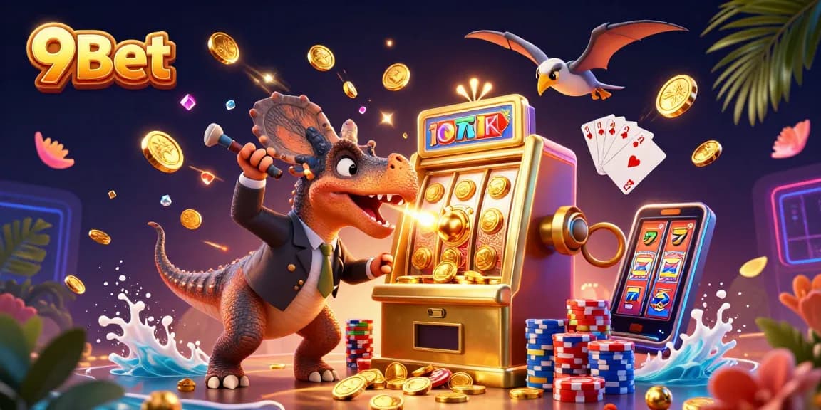 9Bet celebrates a jackpot moment as a pachycephalosaurus headbutts a slot machine amidst a flurry of coins and cards.