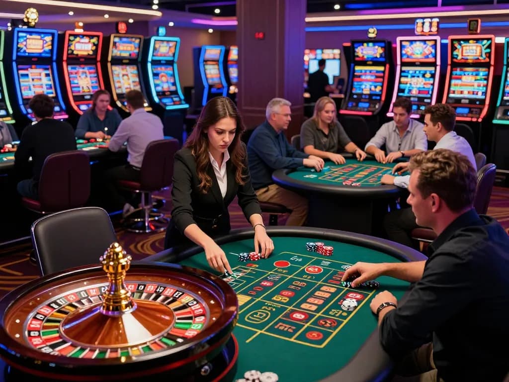 U888 players engaging in strategic roulette gameplay on a vibrant casino floor, showcasing an exciting atmosphere.