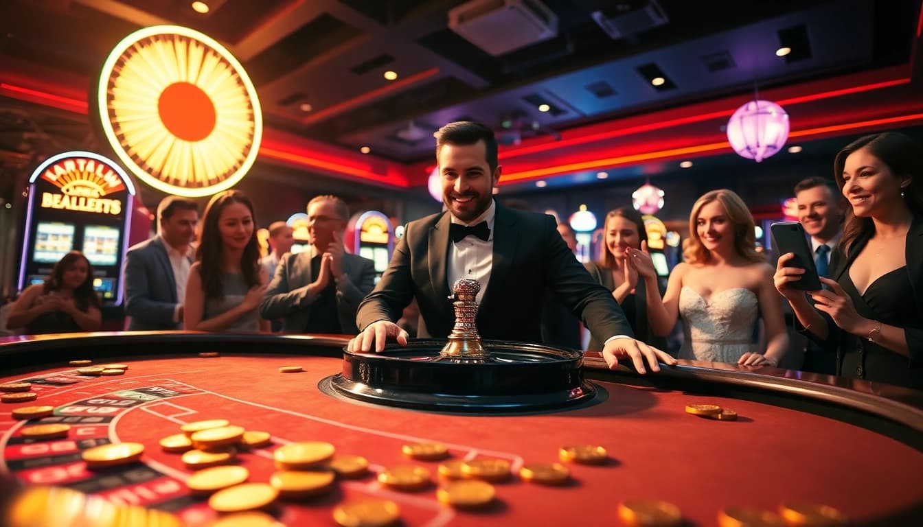 Casino en ligne retrait instantané, dealer animant une table de roulette dans une ambiance électrique.