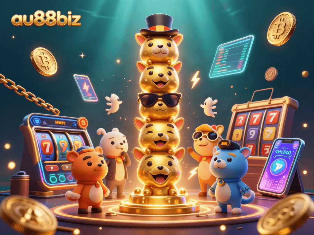 Play and win at au88biz with vibrant slot and crypto elements in a lively casino scene.