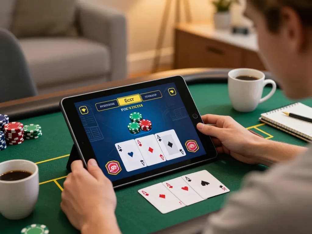 Playing poker on 559x.com with tablet interface showing cards and betting options in a cozy home