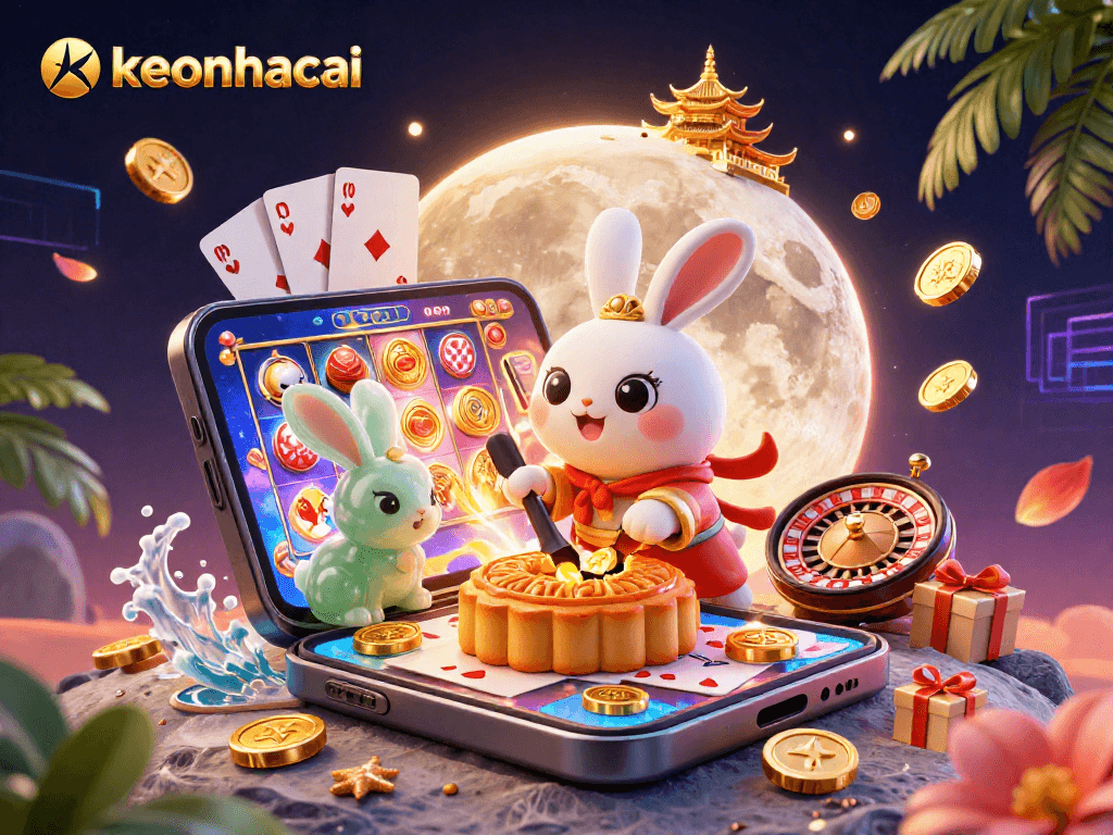 Experience the excitement of keonhacai with a dynamic scene featuring poker chips and slot elements in a vibrant digital illustration.