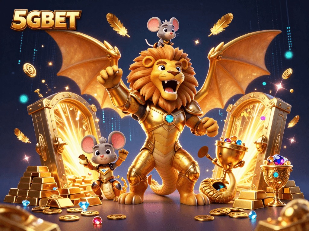 Experience the excitement at 5GBET with a vibrant casino scene featuring treasures and a roaring chimera.