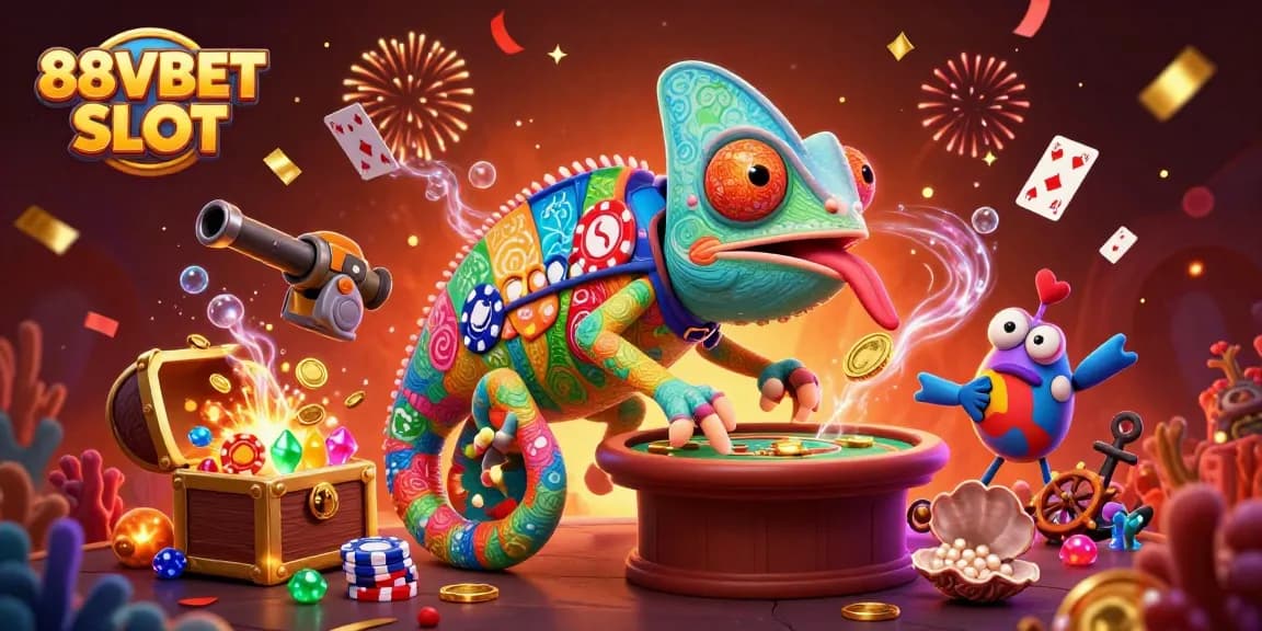 Engage with 88VBET SLOT action featuring dynamic chameleon owner amidst gold coins and vibrant casino elements.