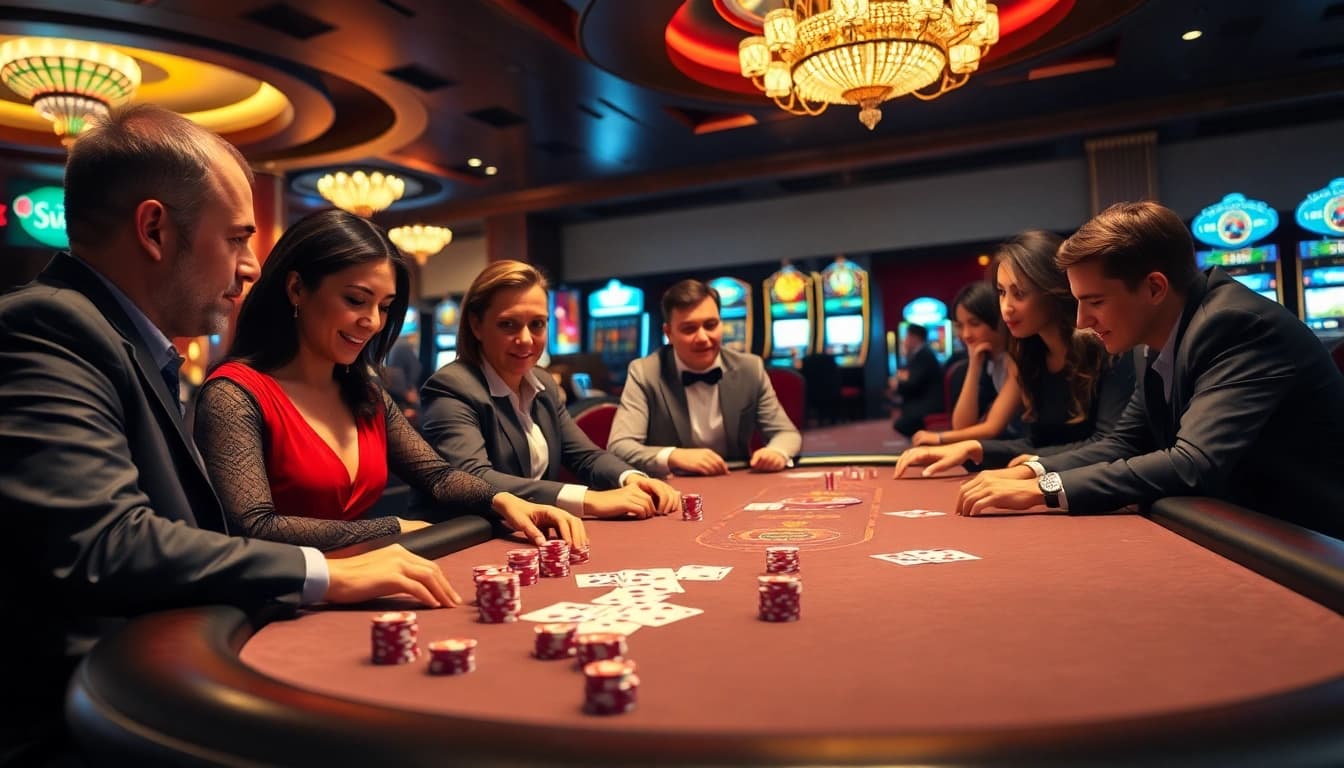 Players strategize in a lively poker game at a luxurious casino, showcasing sunwin excitement.