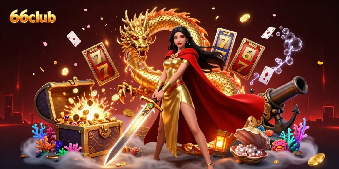 Engage in the vibrant world of 66club with an Asian warrior queen surrounded by slot machines and treasures.