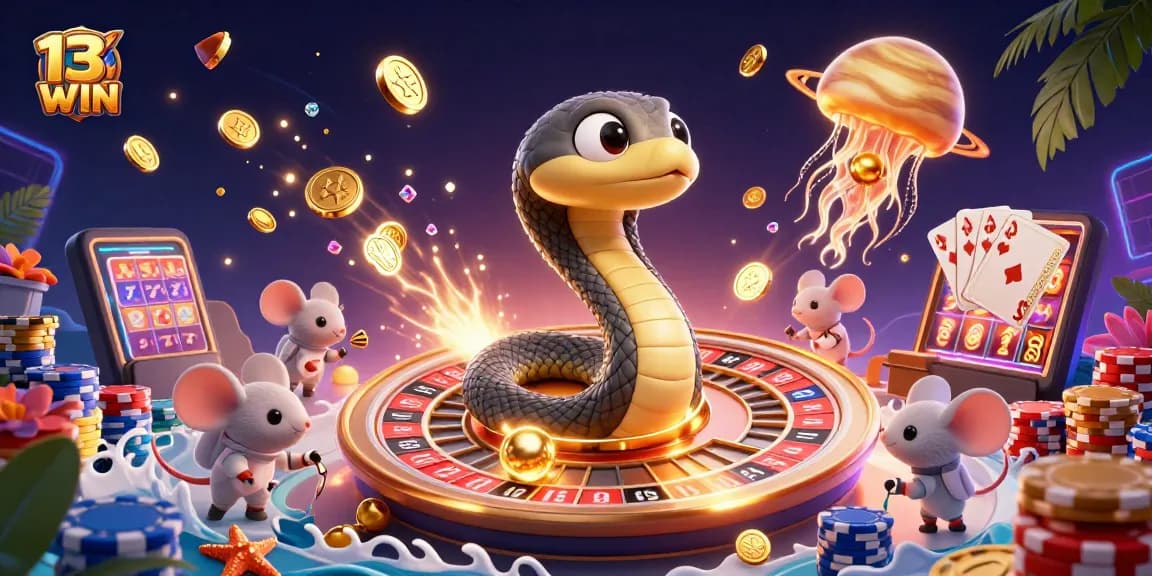 Experience thrilling gaming at 13WIN, featuring a cosmic casino scene with vibrant visuals and interactive character dynamics.