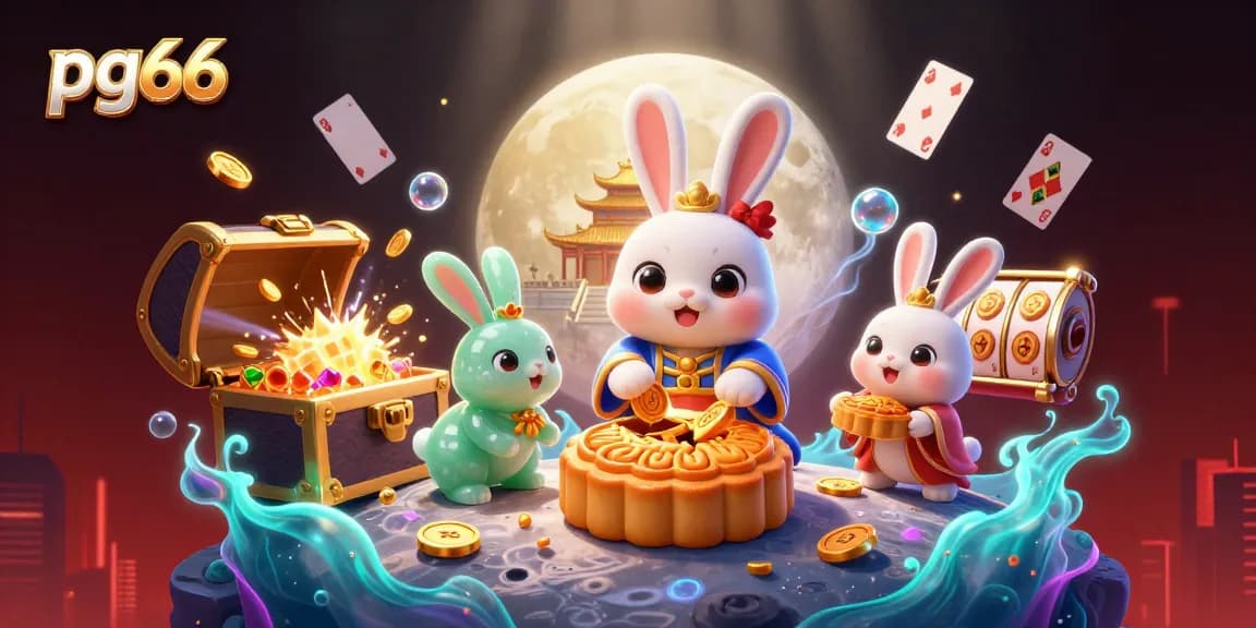 Experience excitement with pg66 as a moon rabbit reveals poker chips while surrounded by vibrant gambling elements.