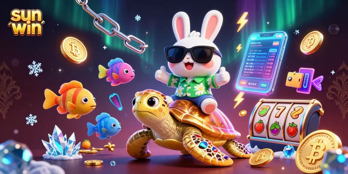 Win big with sun win's vibrant 3D casino scene featuring luck and crypto-themed elements.