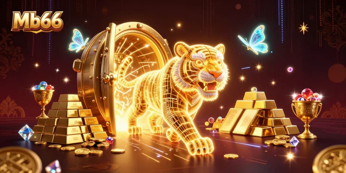 Experience the excitement of Mb66 in a vibrant digital casino filled with treasures and light.