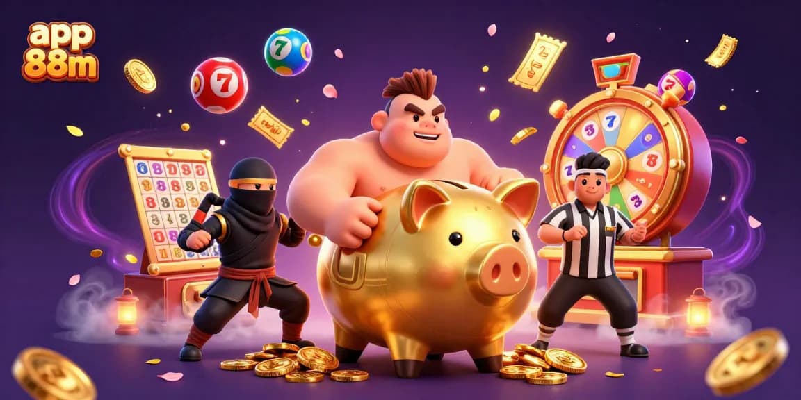Win big with the app 88m as characters dance amidst vibrant gaming elements in a 3D casino scene.