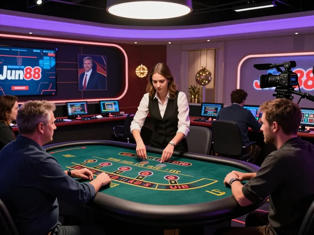 Players engaging with Jun88's live dealer blackjack, showcasing excitement and strategic gameplay in a stylish casino environment.