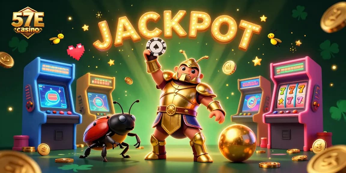 Engage with the exciting world of 57E casino, featuring a spirited hercules beetle championing a jackpot!