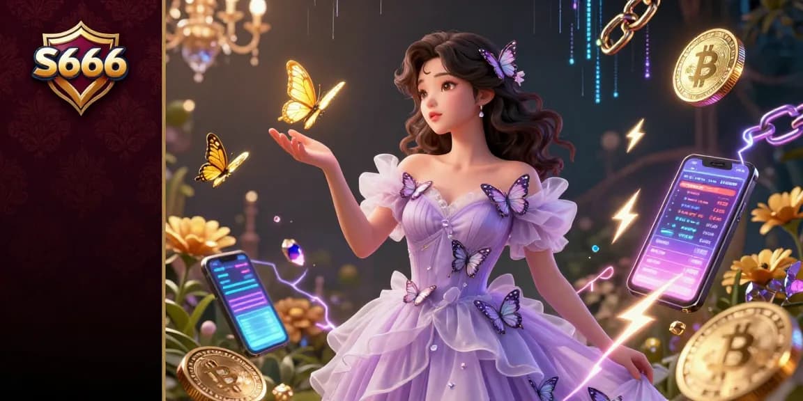 S666 online casino artwork featuring a stunning Asian woman with golden butterflies and glowing cryptocurrency elements.