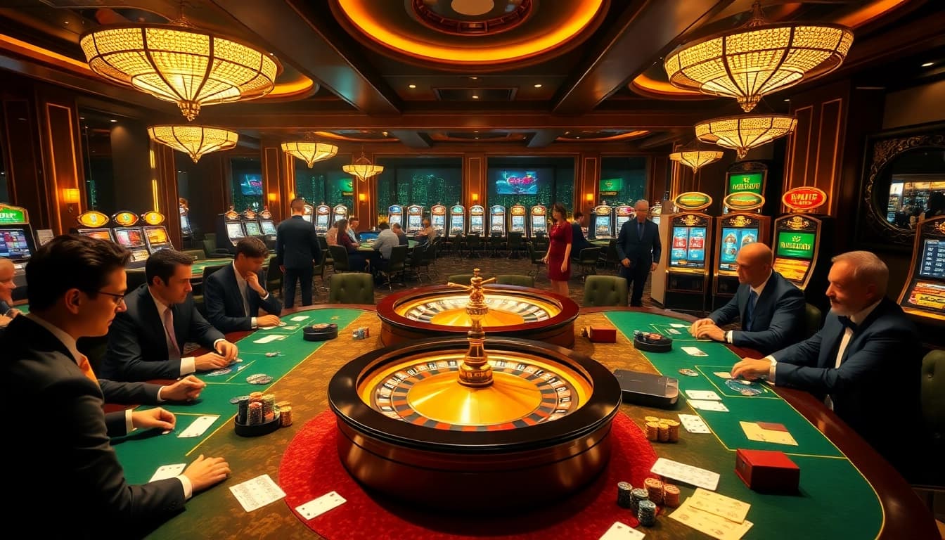 I9 BET players enjoying a thrilling casino experience with poker tables and a roulette wheel.