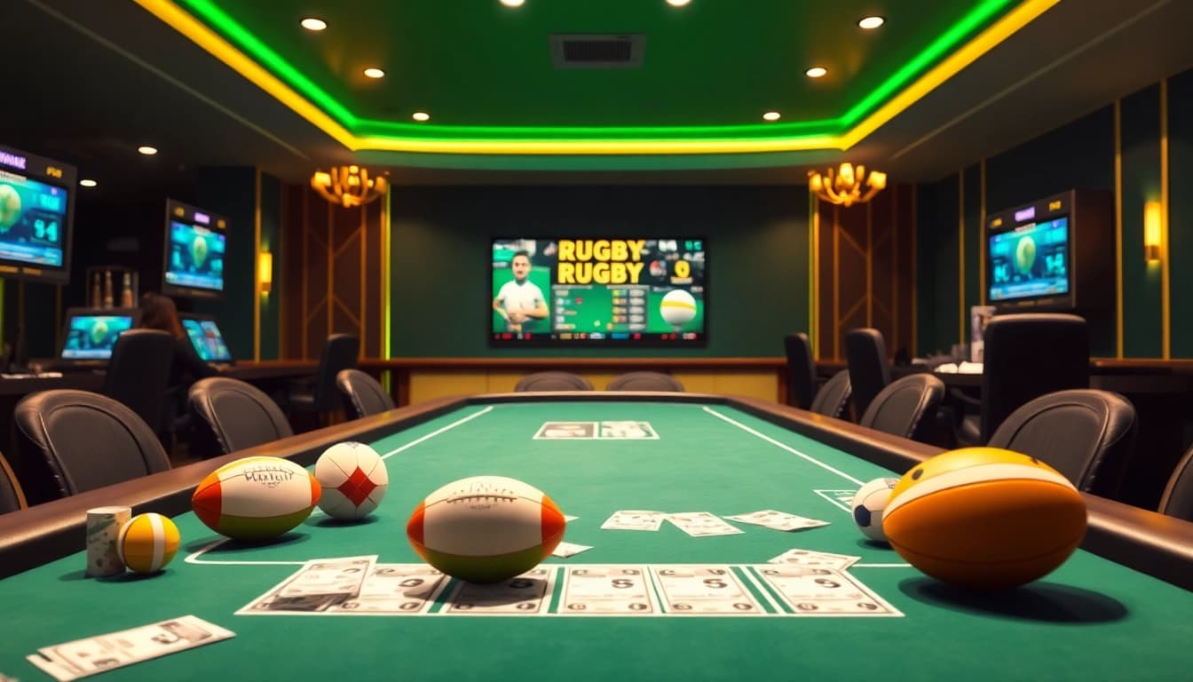 Placing a bet on rugby paris sportif at a vibrant casino gaming table with thematic decor.