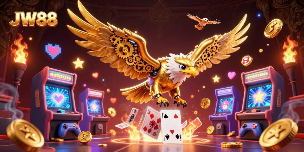 Experience thrilling gameplay at JW88 with dynamic golden eagle flying through holographic cards and exciting casino elements.