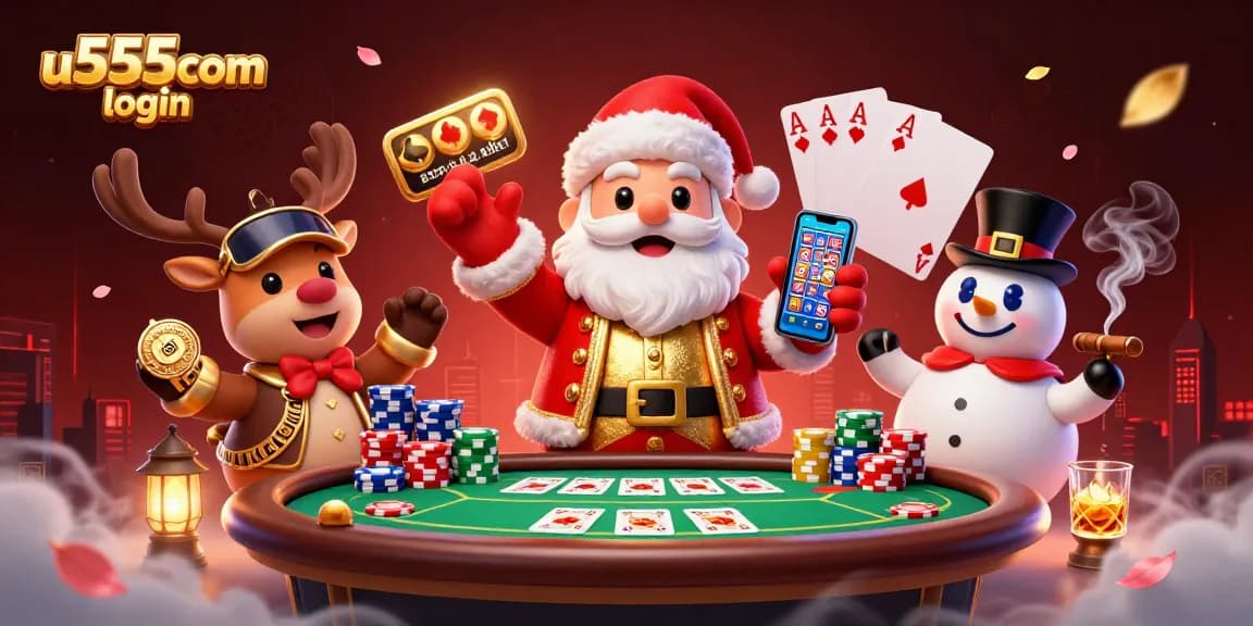 Engage in fun with u555com login as Santa celebrates jackpots amid lively casino elements.