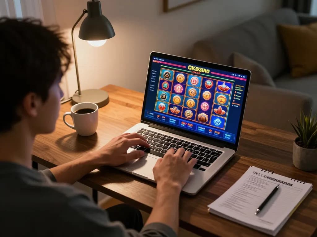 Play online gk88 casino games with engaging slots interface on a laptop at home