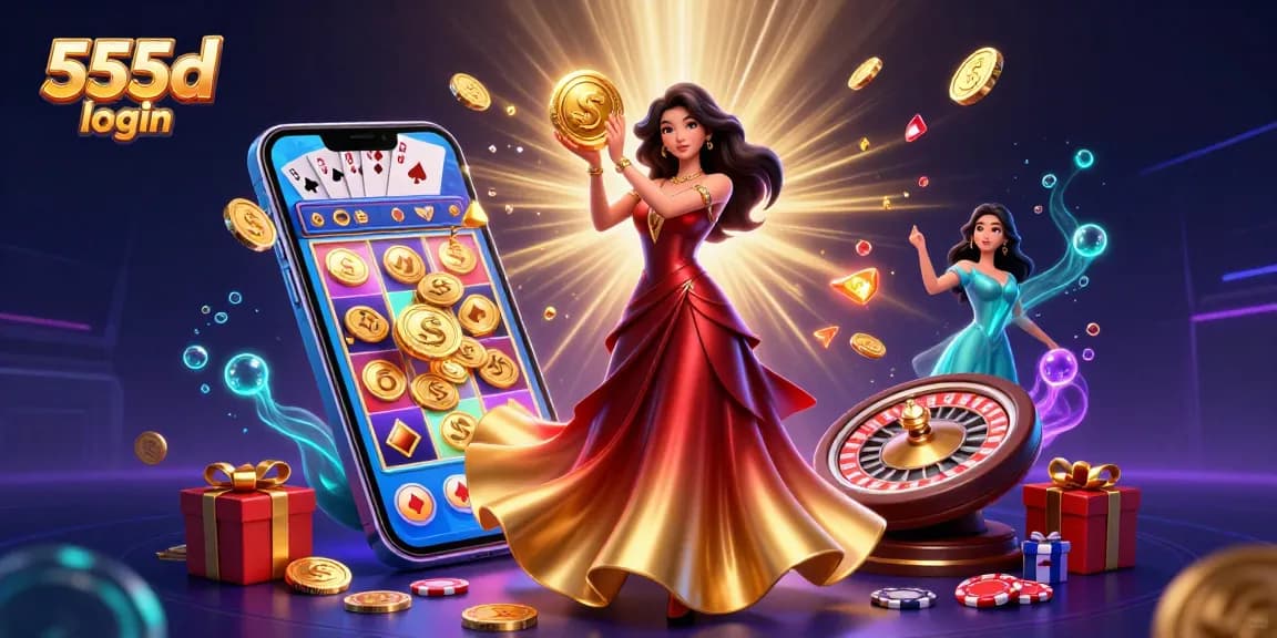 Engage with the thrilling 555d login scene showcasing a gorgeous Asian woman, golden coins, and vibrant casino games.