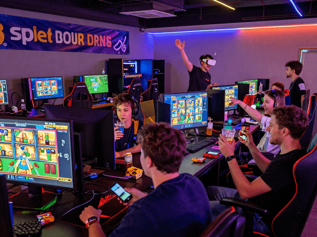Jogadores se divertindo com jogos de slot na spbet, atmosfera vibrante com bônus atraentes.