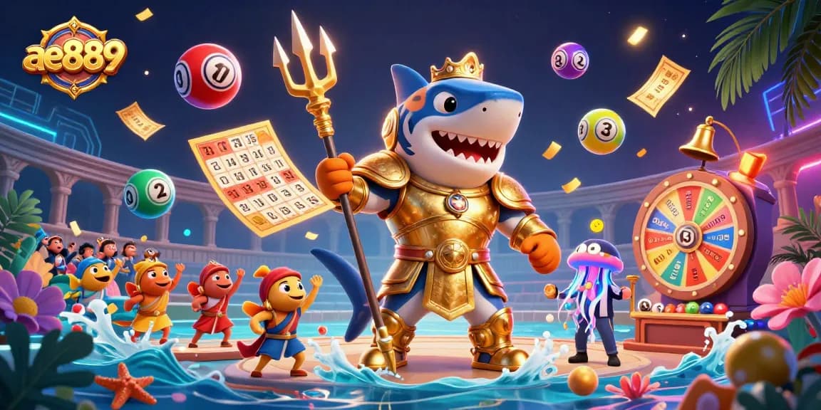 Experience thrilling action with ae889 in a colorful underwater casino scene featuring a gladiator shark.