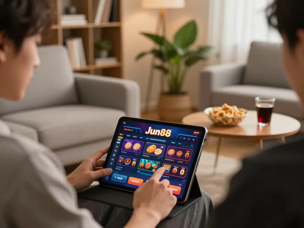 Engage with Jun88 phiên bản 1 through an immersive online gaming experience on a tablet, showcasing a cozy home setup.
