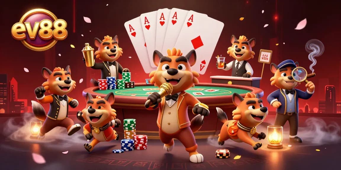 Join the fun at ev88 with hyenas in a vibrant casino scene filled with poker excitement.