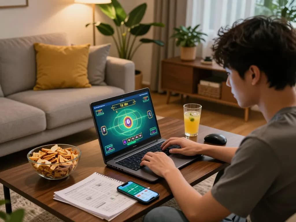 Player enjoying online Tài Xỉu game on laptop in cozy home setting, taixiuonlinego gaming experience.