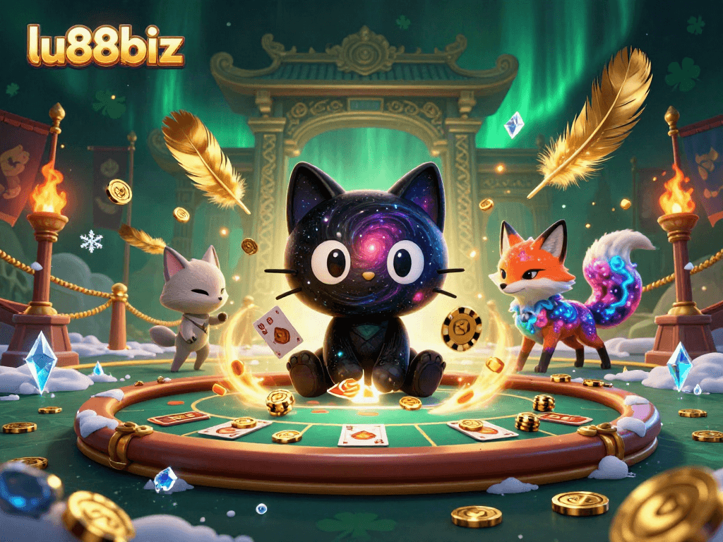 Experience the cosmic charm of lu88biz with vibrant casino elements in a swirling galaxy.