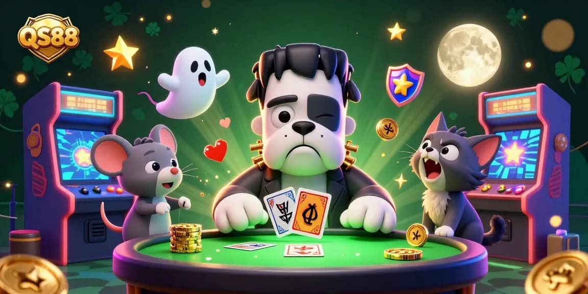 Experience the thrill of QS88 with vibrant gaming characters and gold accents in a lively casino scene.