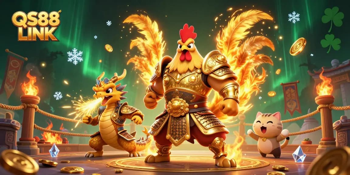 Engage in thrilling battles with QS88 LINK, featuring a powerful colorful rooster warrior and dragon.