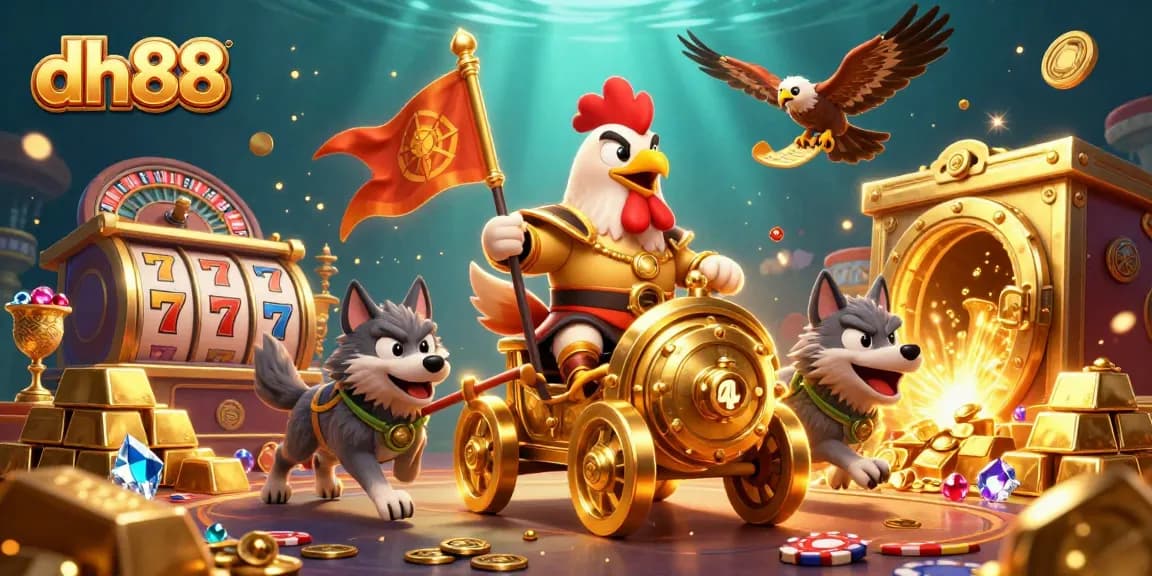 Experience thrilling battles at DH88 with a casino scene featuring the rooster warlord and gold treasures.
