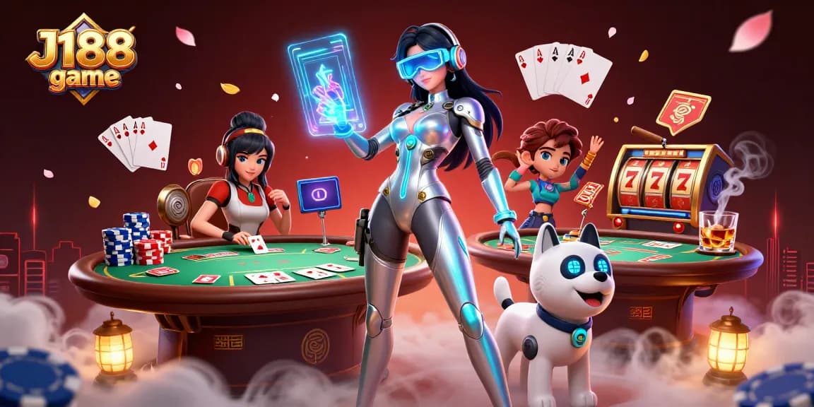Engage in thrilling J188 game action with vibrant characters and casino elements illustrated in a dynamic 3D scene.