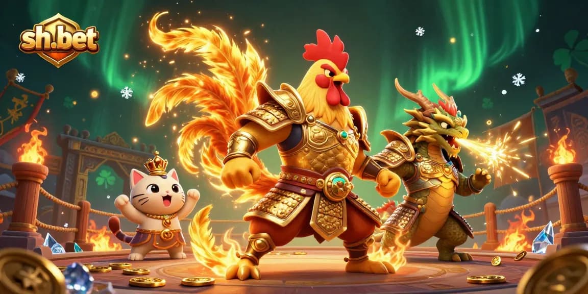 Experience thrilling action at sh-bet with our fighting rooster warrior and dragon hatchling in a vibrant casino scene.