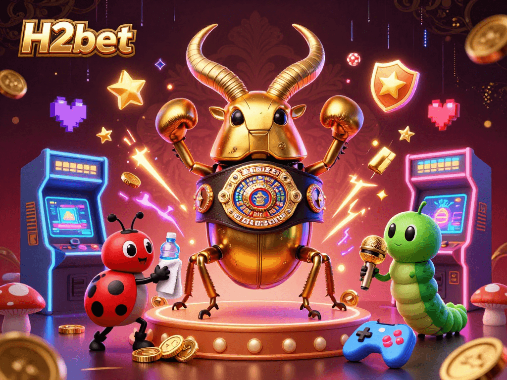 Engage in H2bet's thrilling casino experience with a vibrant 3D digital illustration featuring energetic characters.