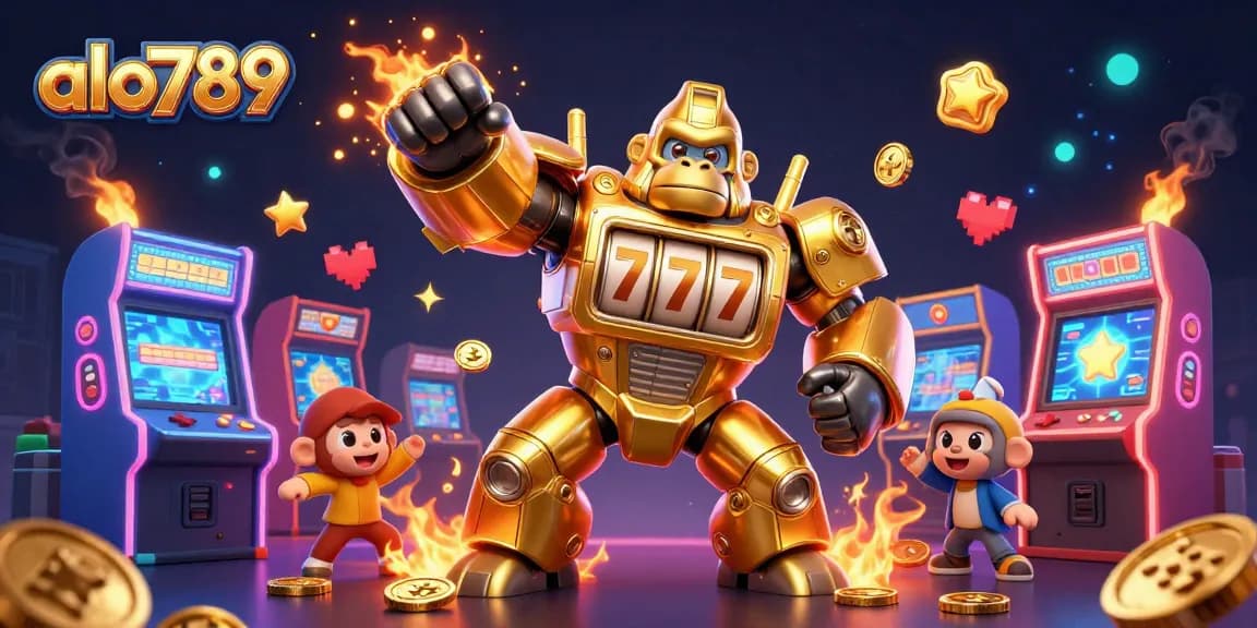 Experience the excitement of alo789 with a dynamic golden gorilla mech and arcade game elements.