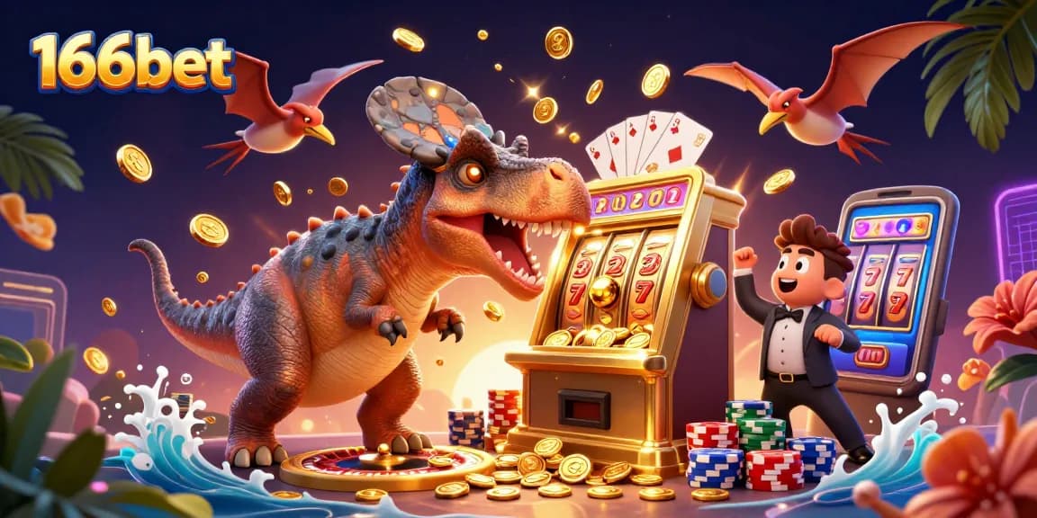 166bet players enjoying jackpot wins with dynamic casino action featuring a slot machine, coins, and excitement.