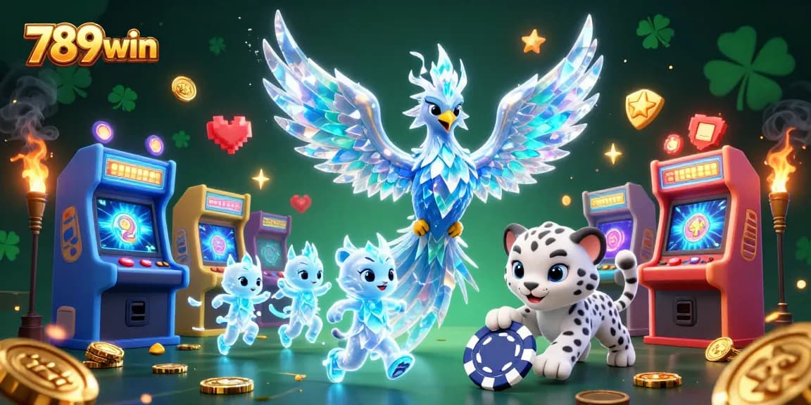 Experience the thrill of 789win as ice creatures and gaming elements merge in a vibrant casino illustration.