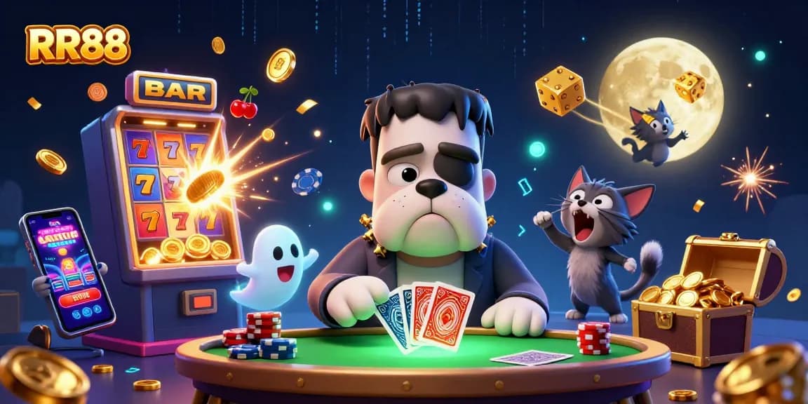 Win big with RR88 at a lively casino scene featuring a bulldog dealer and jackpot symbols.