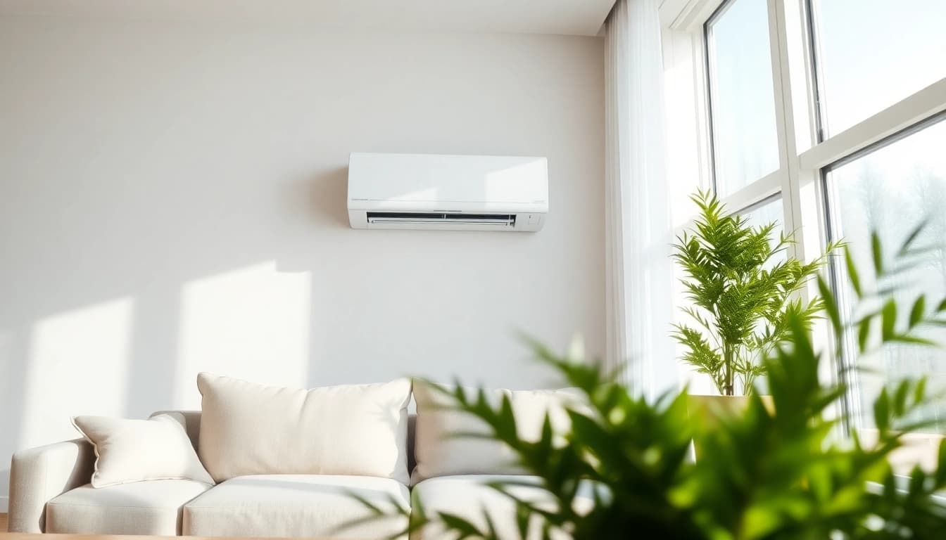 Showcasing a mini split ac unit elegantly installed in a cozy, modern living room.