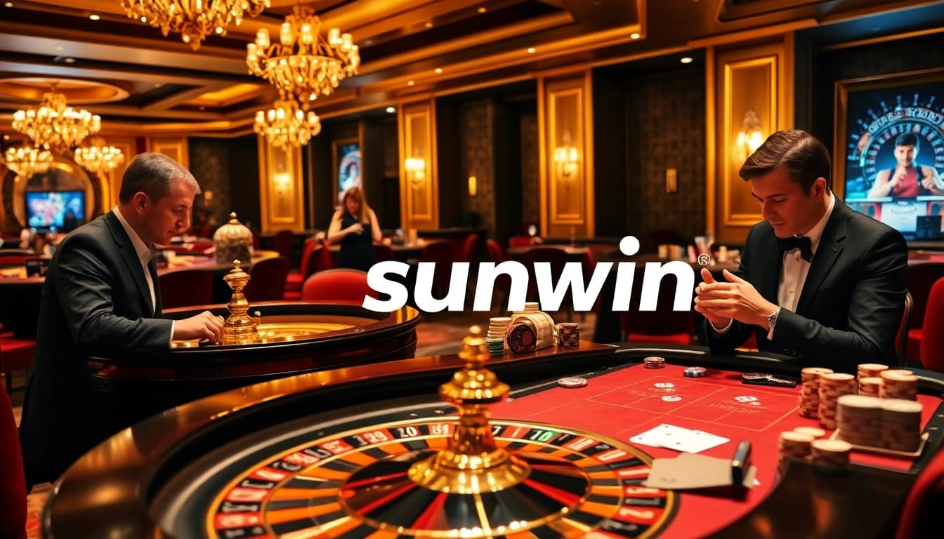 Experience the thrill of sunwin as players engage with vibrant casino tables and roulette wheels.