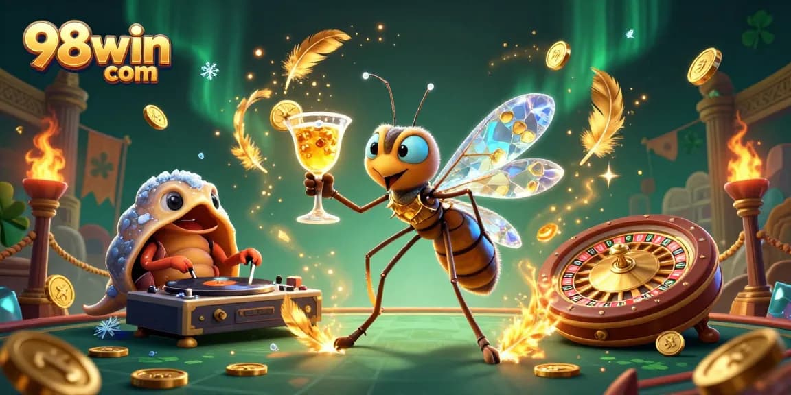 Win big at 98win com with vibrant casino action featuring colorful characters and dynamic gambling elements.