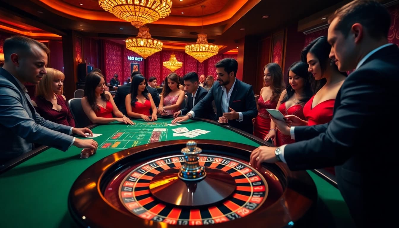 Players enjoy a thrilling game of roulette at a luxurious casino, representing the excitement of 188 bet.