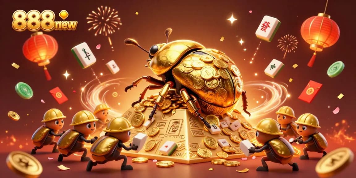 Experience the thrill of 888new with a vibrant casino-themed 3D illustration, featuring dynamic golden beetles and festive elements.