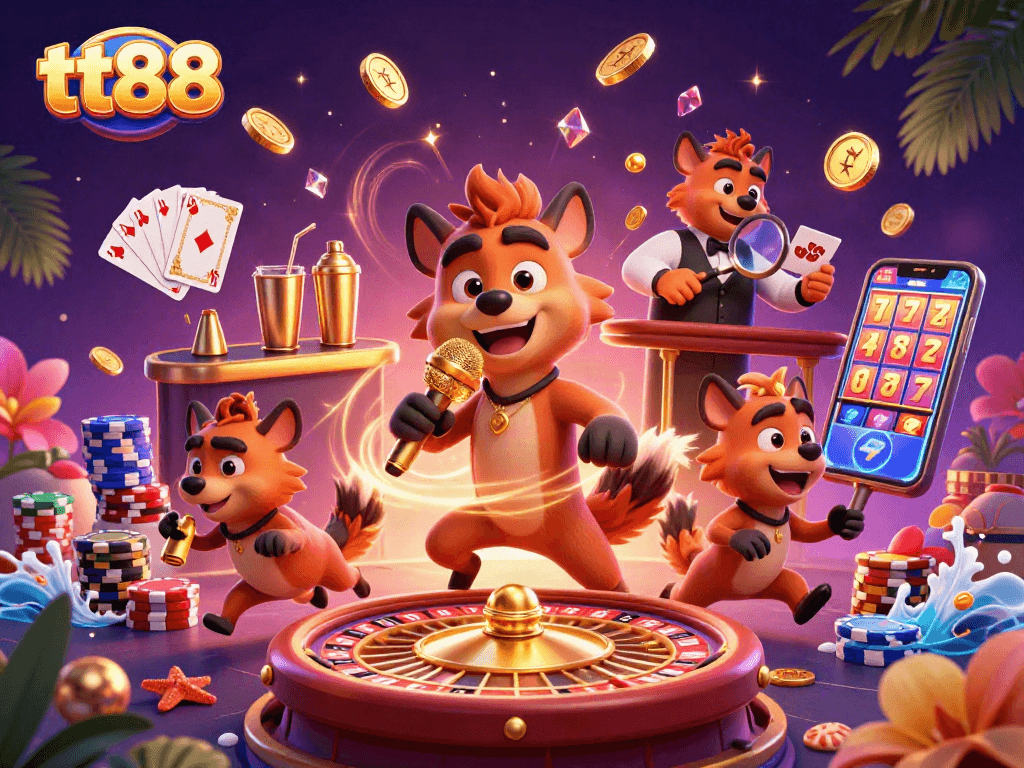 tt88 casino comically animated hyenas enjoying gambling fun in a vibrant, packed scene