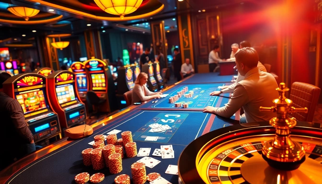 Place your bets at V9 Bet's luxurious casino table with vibrant chips and slot machines.