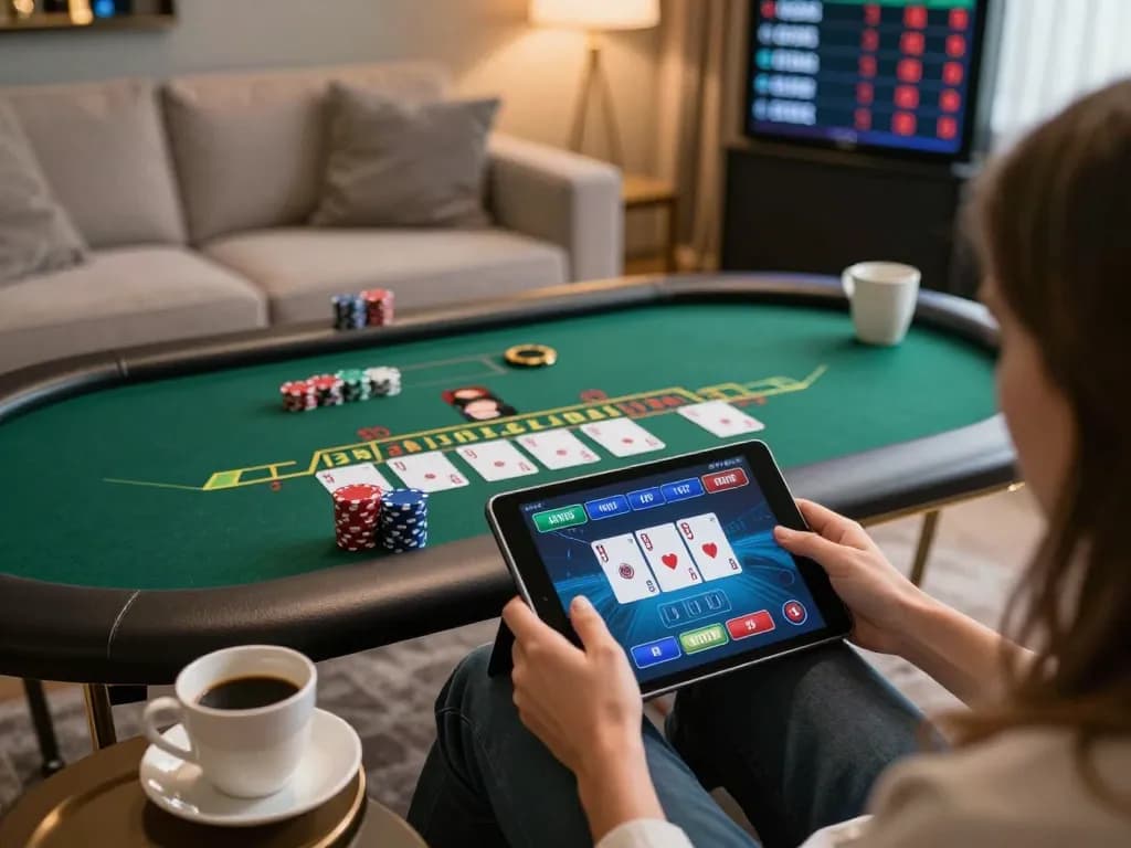 Playing live dealer blackjack on kp88 while relaxing on a cozy sofa.