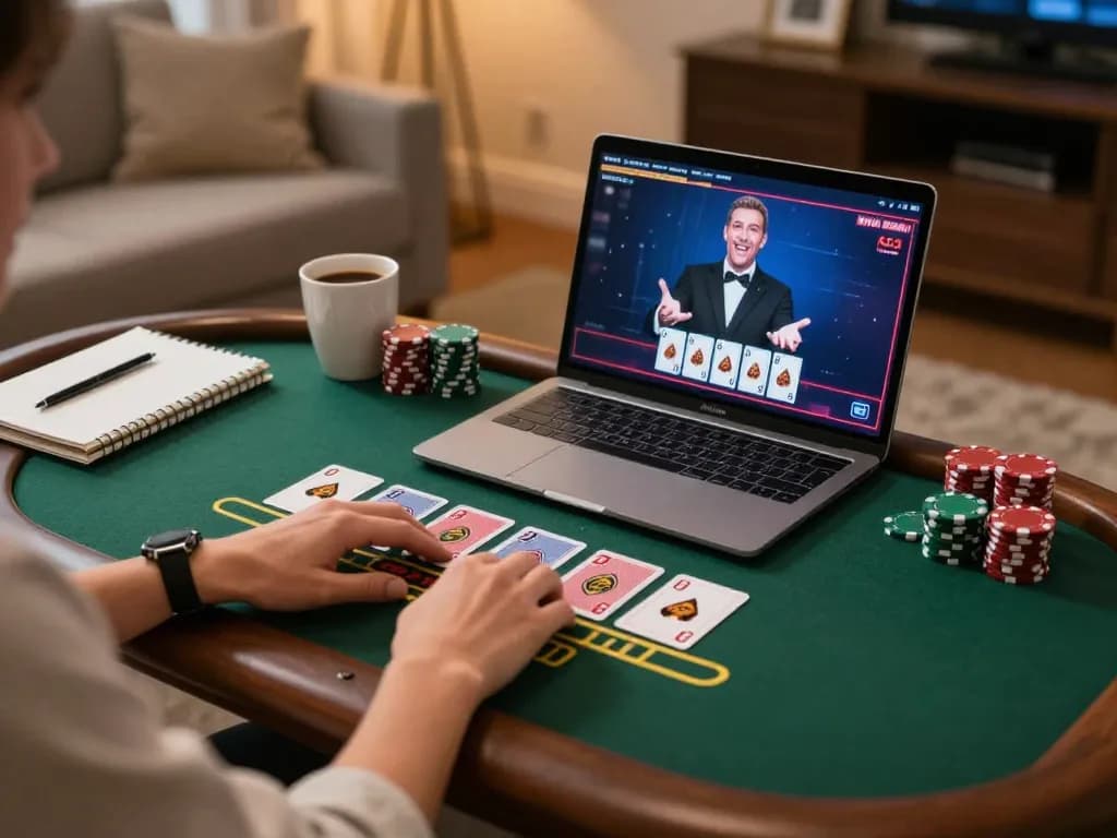 Engaging online blackjack gameplay on 75W platform, showcasing strategic betting in a cozy home environment.