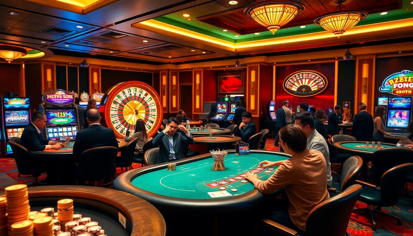 Gambling excitement at U8888 casino with poker games, roulette wheel, and vibrant slot machines.